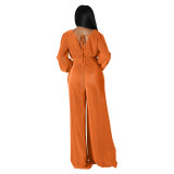 Autumn/Winter V-Neck Pleated Fabric Long Sleeve High-Waisted Wide Leg Jumpsuit