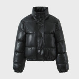 Women's Short PU Leather Jacket with Stand Collar and Warm Cotton Lining
