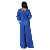 Autumn/Winter V-Neck Pleated Fabric Long Sleeve High-Waisted Wide Leg Jumpsuit