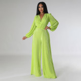 Autumn/Winter V-Neck Pleated Fabric Long Sleeve High-Waisted Wide Leg Jumpsuit