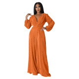 Autumn/Winter V-Neck Pleated Fabric Long Sleeve High-Waisted Wide Leg Jumpsuit