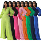 Autumn/Winter V-Neck Pleated Fabric Long Sleeve High-Waisted Wide Leg Jumpsuit