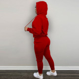 Autumn Winter Black Drawstring Two Piece Women Embroidered Hoodie Sweatshirt Pant Set