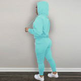 Autumn Winter Black Drawstring Two Piece Women Embroidered Hoodie Sweatshirt Pant Set