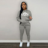 Autumn Winter Black Drawstring Two Piece Women Embroidered Hoodie Sweatshirt Pant Set