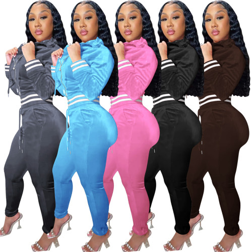 Durable Velvet Fabric Stylish Ribbed Two-Piece Set
