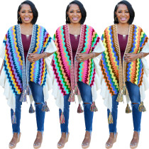 Multicolor Geometric Knit Tassel Cardigan