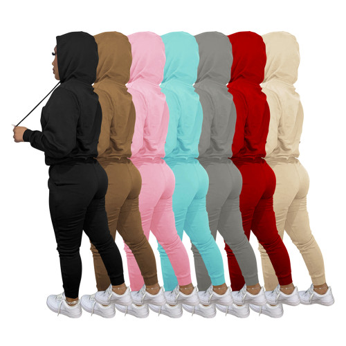 Autumn Winter Black Drawstring Two Piece Women Embroidered Hoodie Sweatshirt Pant Set