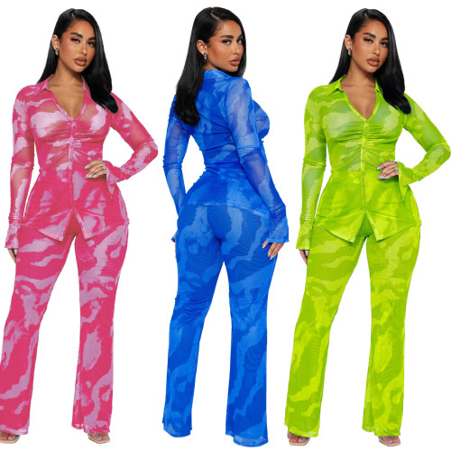 Seductive and Fashionable Net Yarn Printed Two-Piece Set