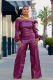 Semi Formal Pant Set Gold PU Leather Off The Shoulder Lantern Sleeve Wide Leg Two Piece Pant Set