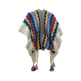 Multicolor Geometric Knit Tassel Cardigan