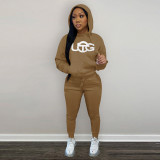 Autumn Winter Black Drawstring Two Piece Women Embroidered Hoodie Sweatshirt Pant Set