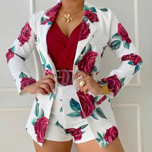 Women's  Printed Cardigan and Shorts Suit with Western Style Blazer Two-piece Set