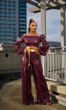 Semi Formal Pant Set Gold PU Leather Off The Shoulder Lantern Sleeve Wide Leg Two Piece Pant Set