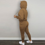 Autumn Winter Black Drawstring Two Piece Women Embroidered Hoodie Sweatshirt Pant Set