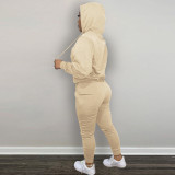 Autumn Winter Black Drawstring Two Piece Women Embroidered Hoodie Sweatshirt Pant Set