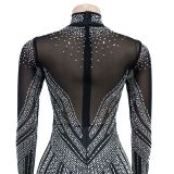 Solid-colored Mesh Embellished Long Sleeve Short Skirt Dress