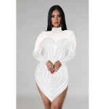 Solid-colored Mesh Embellished Long Sleeve Short Skirt Dress