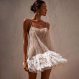 Layered Beaded Straps and Open Back Tassel Mesh Dress