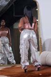 Parachute Pants for Women Y2K Silver Metallic Pants Elastic High Waist Baggy Cargo Pants Streetwear