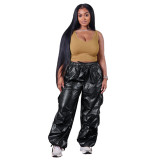 Parachute Pants for Women Y2K Silver Metallic Pants Elastic High Waist Baggy Cargo Pants Streetwear