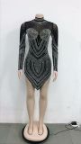 Solid-colored Mesh Embellished Long Sleeve Short Skirt Dress