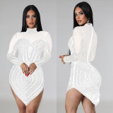 Solid-colored Mesh Embellished Long Sleeve Short Skirt Dress