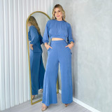 Relaxed Fit Round Neck Long Sleeve T-Shirt and Wide Leg Pants Casual Set