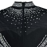 Solid-colored Mesh Embellished Long Sleeve Short Skirt Dress