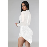Solid-colored Mesh Embellished Long Sleeve Short Skirt Dress