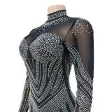 Solid-colored Mesh Embellished Long Sleeve Short Skirt Dress
