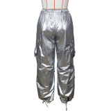 Parachute Pants for Women Y2K Silver Metallic Pants Elastic High Waist Baggy Cargo Pants Streetwear
