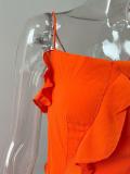 Split Hem One-Shoulder Slip Dress with Mushroom Trim