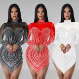 Solid-colored Mesh Embellished Long Sleeve Short Skirt Dress