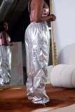 Parachute Pants for Women Y2K Silver Metallic Pants Elastic High Waist Baggy Cargo Pants Streetwear