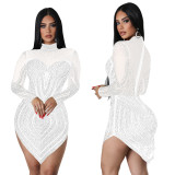 Solid-colored Mesh Embellished Long Sleeve Short Skirt Dress