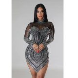 Solid-colored Mesh Embellished Long Sleeve Short Skirt Dress
