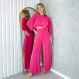 Relaxed Fit Round Neck Long Sleeve T-Shirt and Wide Leg Pants Casual Set