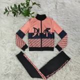 Casual Fashion Printed High Neck Zipper Sportswear Two Pieces