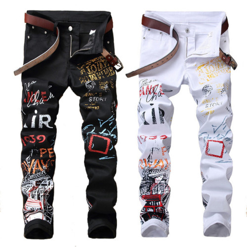 Woudeyou Printed Stretchy Fabric Straight-Leg Jeans