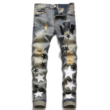 Men's Ripped Patchwork Trendy Stretch Slim Fit Tapered Jeans Pants