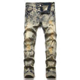 Men's Stretchy Slim Vintage Blue Distressed Denim Jeans