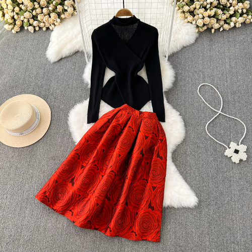 Fashion Women's Set Long Sleeve Knitted Tops High-waisted A-line Skirt