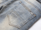 Men's  Starry Ripped Vintage Design Slim Fit Stretch Jeans with Embroidered Leather Patch