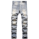 Men's  Starry Ripped Vintage Design Slim Fit Stretch Jeans with Embroidered Leather Patch