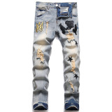 Men's  Starry Ripped Vintage Design Slim Fit Stretch Jeans with Embroidered Leather Patch