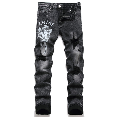 Men's Slim-fit Elastic Angel Print Cotton Black Distressed Jeans