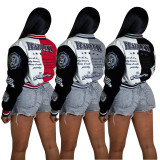 Autumn/Winter Long Sleeve Ribbed Printed Button Baseball Jacket