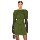 2023 Autumn Round Neck Lantern Sleeve Mini Pleated Dresses
