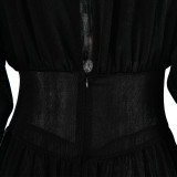 2023 Autumn Round Neck Lantern Sleeve Mini Pleated Dresses
